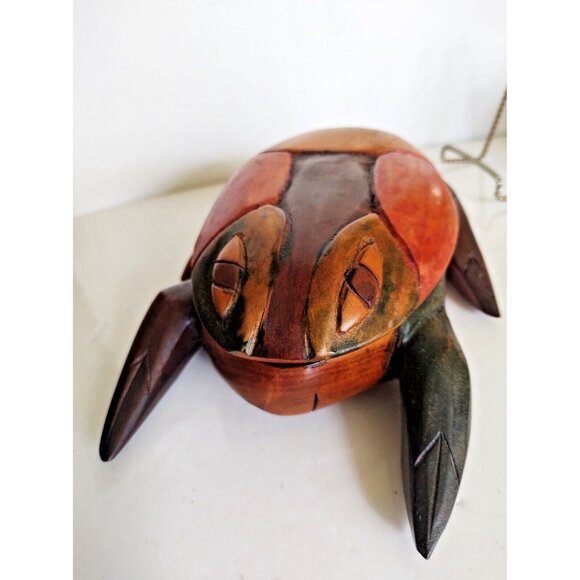 Vintage Folk Art Hand-Carved WOOD FROG 2 Piece Trinket Box 10" x 7" - Picture 3 of 16